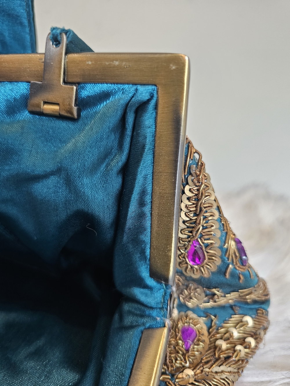 Vintage Santi Teal Satin Purple & Gold Beaded Evening Clutch Bag Fairycore - Picture 10 of 14